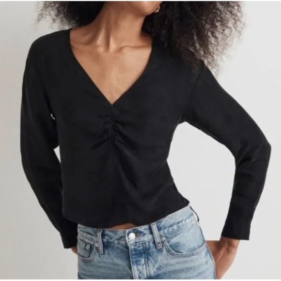 Madewell Tops - Madewell Ruched Front V-Neck Long Sleeve Top Black Cupro Blend NEW Size 16